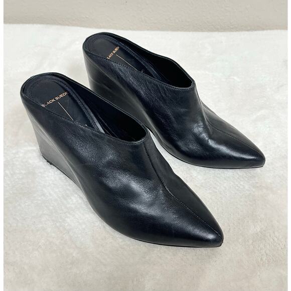 Black Suede Studio Pointed Toe Mule Heels – Leather Slip-On Pumps - Picture 2 of 8